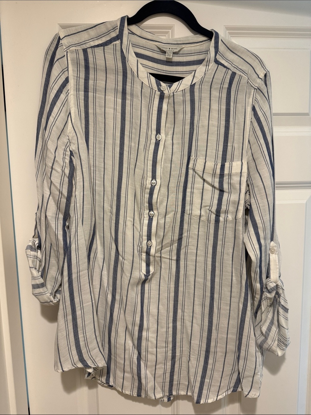 Lucky Brand White and Blue Vertical Stripe Blouse